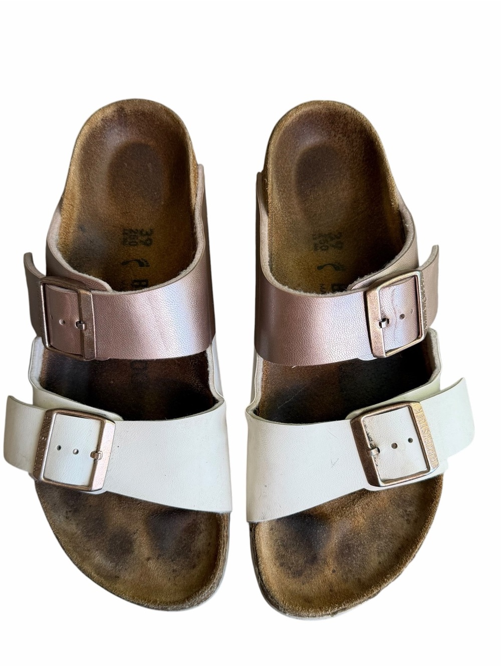 Birkenstock - Arizona Split White Rose Gold Birko-Flor Sandals Sz 39